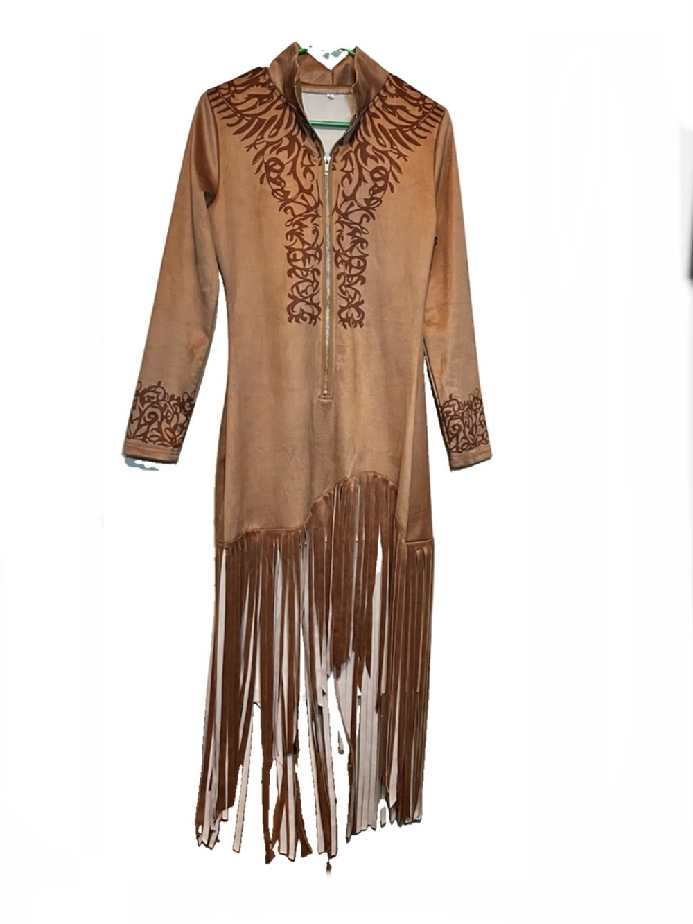 Women Boho Western Festival Fringe Tassel Maxi Dress VNeck Zip Embroidered Print - Picture 2 of 8